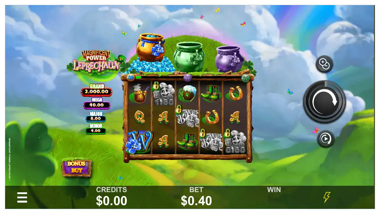 Lucky Leprechaun slot game with colorful pots of gold and rainbow background at Casino Namibia.